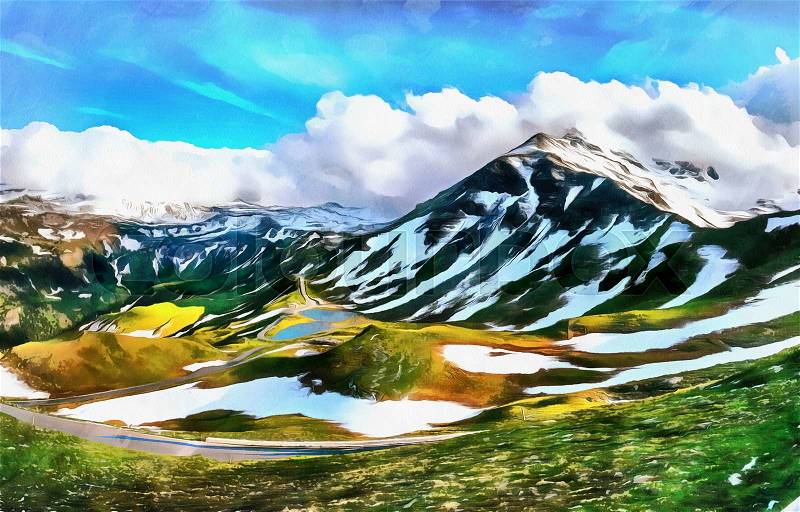 Mountain peaks covered with snow. The works in the style of watercolor painting. , stock photo