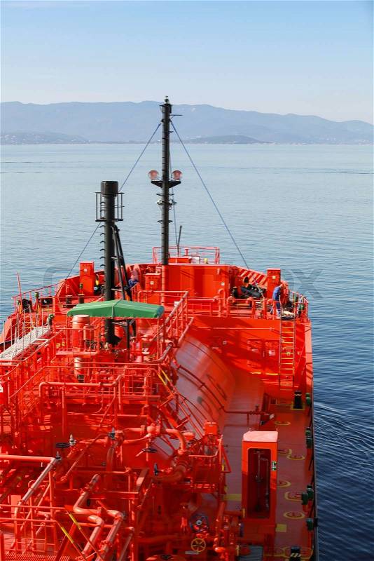 Red Liquefied Petroleum Gas tanker underway in Mediterranean Sea, stock photo