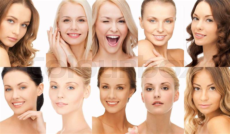 People, portrait and beauty concept - collage of many happy women faces, stock photo