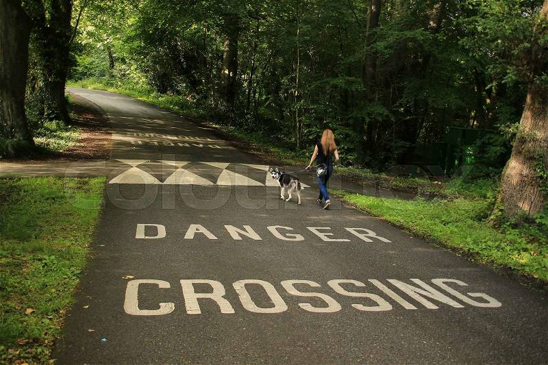 She walks with her dog in the park, she sees a speed bump and she reads the text, danger crossing at the asphalt, stock photo