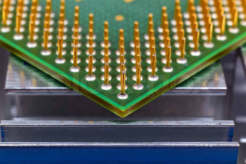 Computer cpu chip on heatsink, extra close up, stock photo