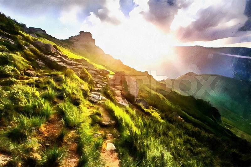 The works in the style of watercolor painting. Mountain landscape. Composition of nature, stock photo