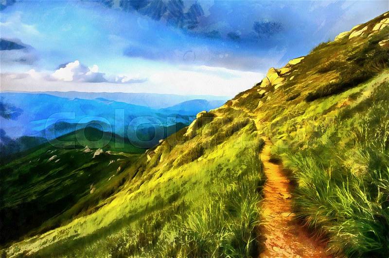 The works in the style of watercolor painting. Mountain landscape. Composition of nature, stock photo