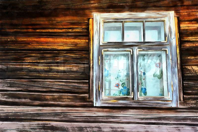 The works in the style of watercolor painting. Old window, stock photo