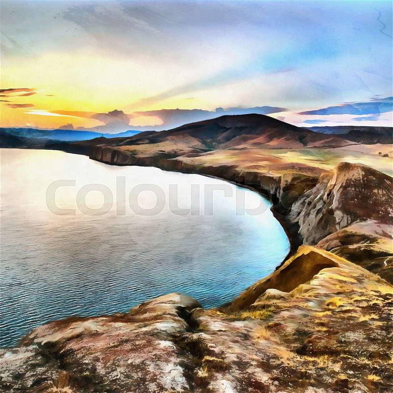 The works in the style of watercolor painting. Mountain and sea landscape, stock photo