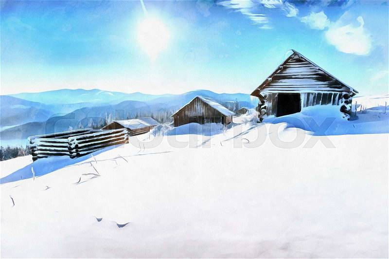 The works in the style of watercolor painting. Chalet in the mountains, stock photo