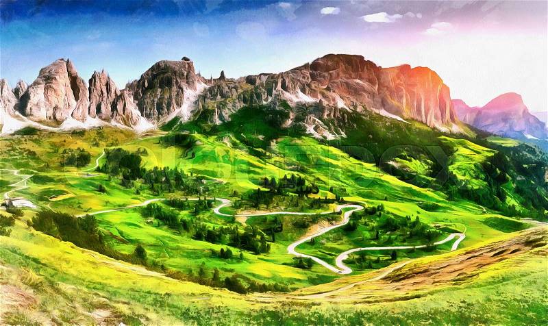 The works in the style of watercolor painting. Beautiful views of the mountains in the Alps, stock photo