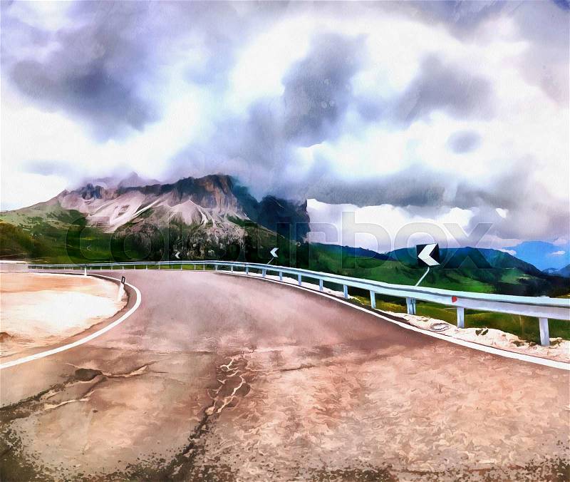 The works in the style of watercolor painting. Road in the mountains , stock photo