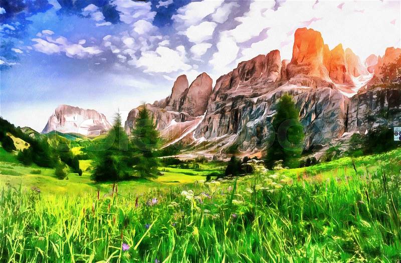 The works in the style of watercolor painting. Beautiful views of the mountains in the Alps , stock photo