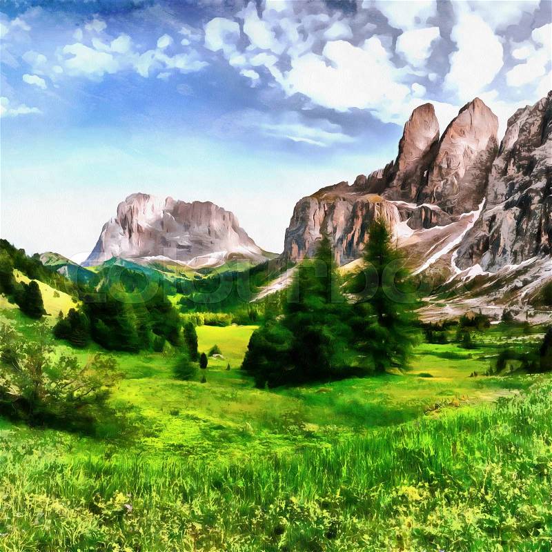 The works in the style of watercolor painting. Beautiful views of the mountains in the Alps, stock photo
