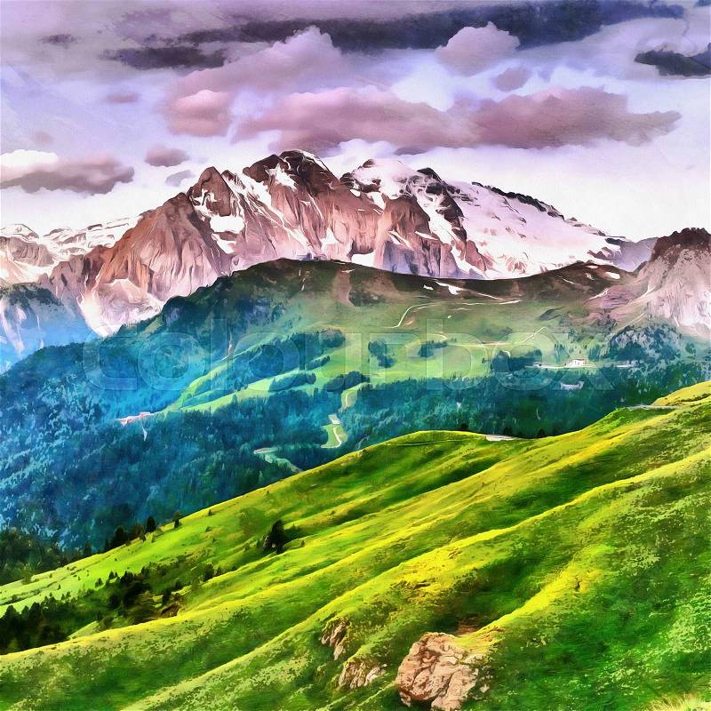 The works in the style of watercolor painting. Beautiful views of the mountains in the Alps , stock photo