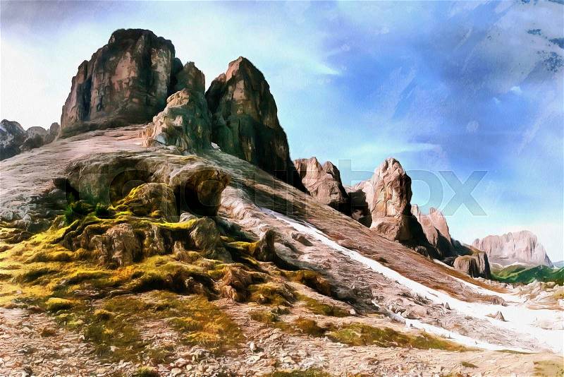The works in the style of watercolor painting. Rocky Mountains at sunset.Dolomite Alps, Italy , stock photo