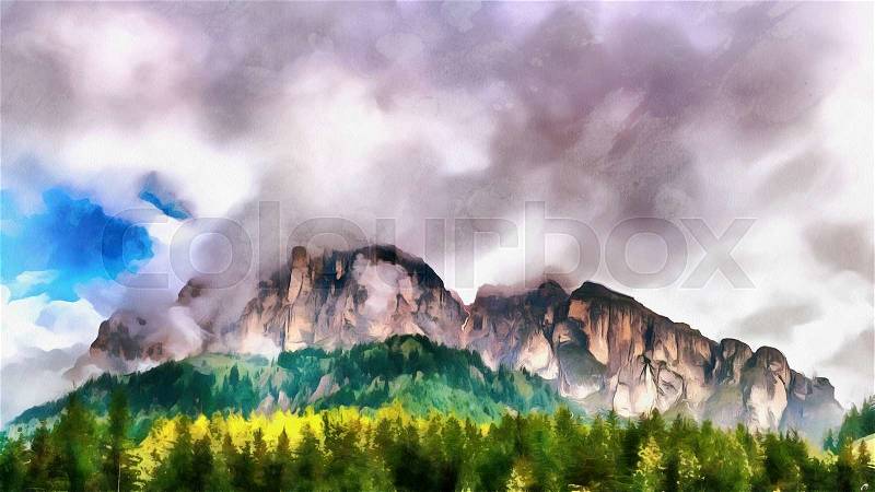 The works in the style of watercolor painting. Mountain in the clouds, stock photo