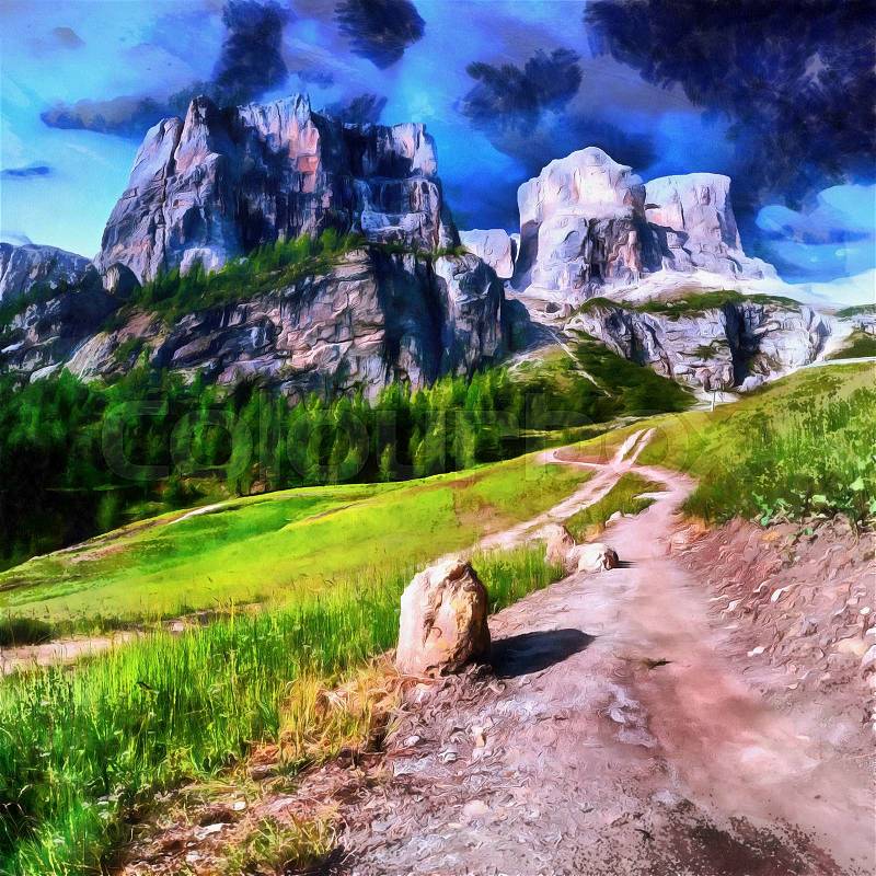 The works in the style of watercolor painting. Rocky Mountains at sunset. Dolomite Alps, Italy , stock photo