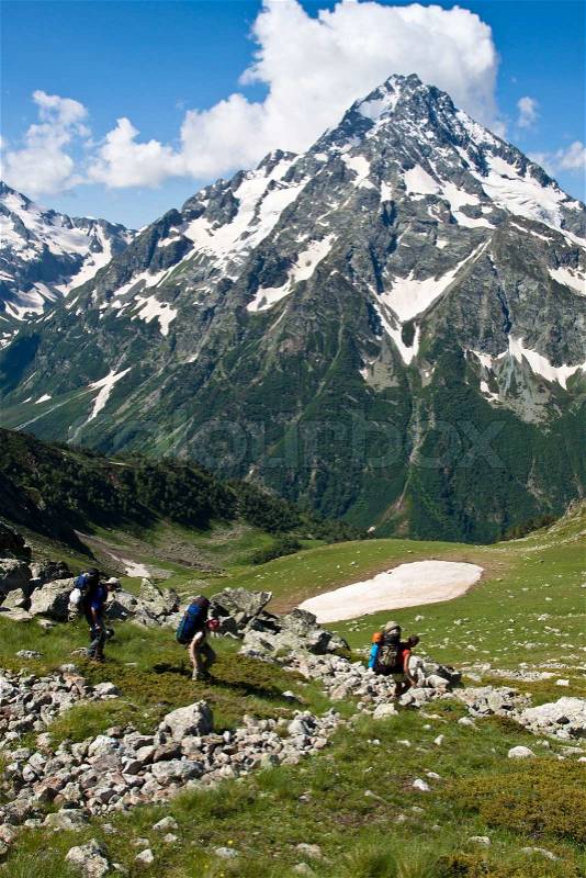 Group of hikers walking on a green grass, in Caucasus mountains, stock photo