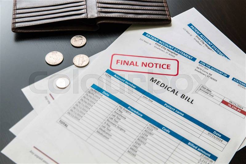 Medical bill from the hospital, concept of rising medical cost, selective focus. All data on the bill and form design are fictional, created specially for this concept, stock photo