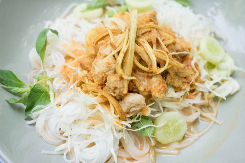 Thai rice vermicelli on wooden table, stock photo