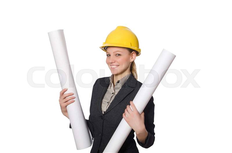 Woman engineer with draft papers, stock photo