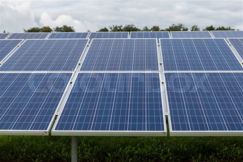 Field with blue siliciom solar cells alternative energy to collect sun energy, stock photo