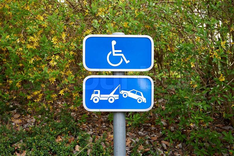 A handicap parking sign and car removal sign on green background, stock photo