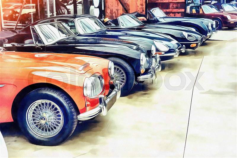 The works in the style of watercolor painting. Classic Vehicles, stock photo