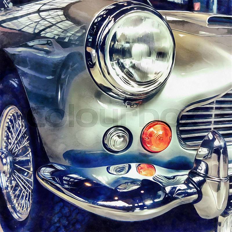The works in the style of watercolor painting. A closeup of the headlights and front bumper on a vintage automobile, stock photo