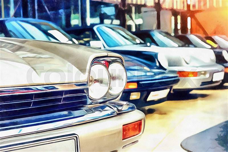 The works in the style of watercolor painting. Vintage transport retro car, stock photo