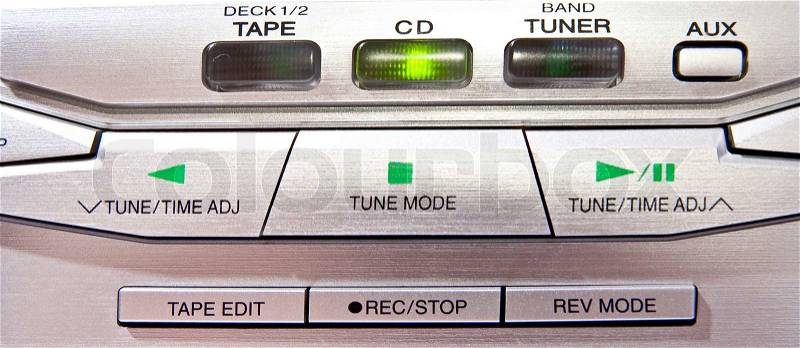 Cd player controls (tape, CD, tuner). CD selected, stock photo