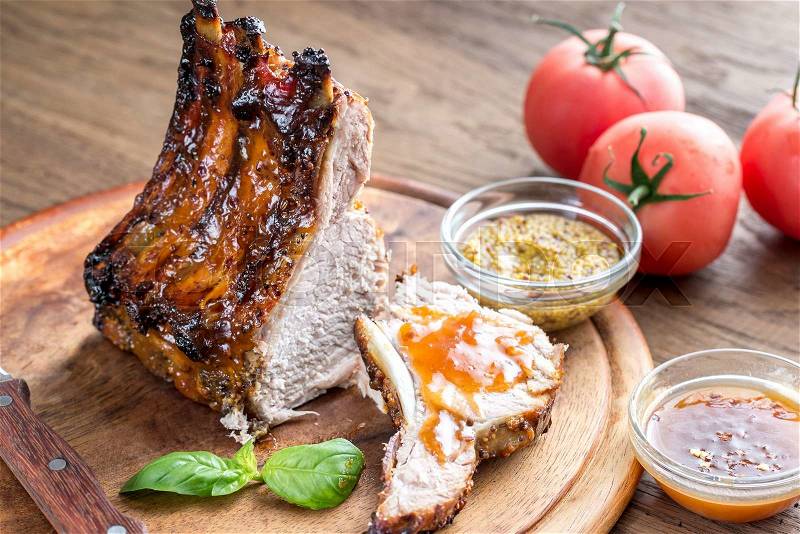 Grilled pork ribs in barbecue sauce, stock photo