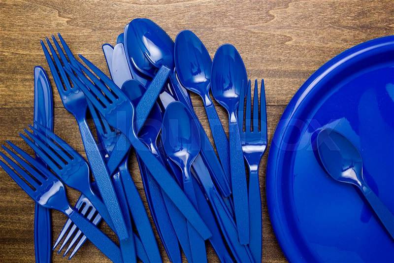 Plastic disposable set of utensils for a picnic, stock photo