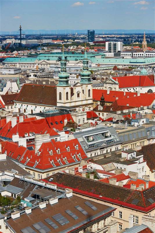 Aerial scenic view of city center of Vienna seen from St. Stephen\'s Cathedral in Austria, stock photo