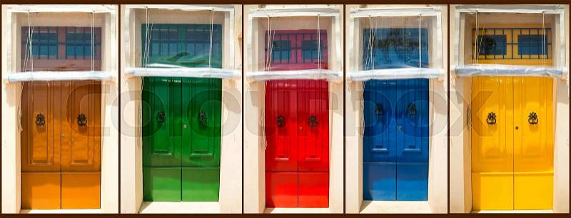 Photo collage of five colourful front doors to houses, stock photo