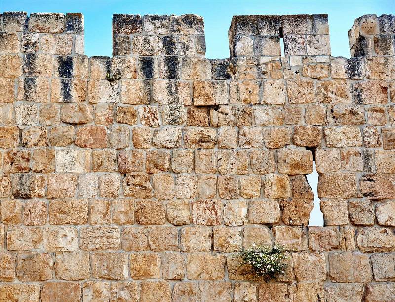 The wall of the old city of Jerusalem, built in the 16th century, stock photo