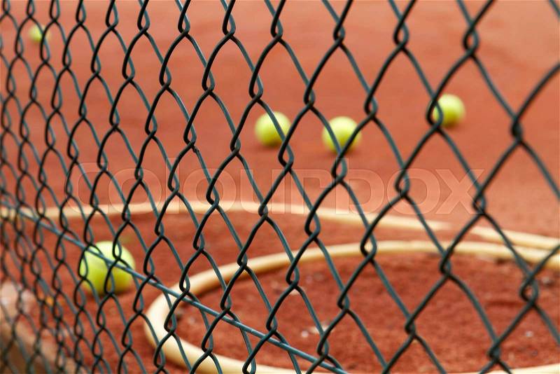 Group of Tennis balls on court, stock photo