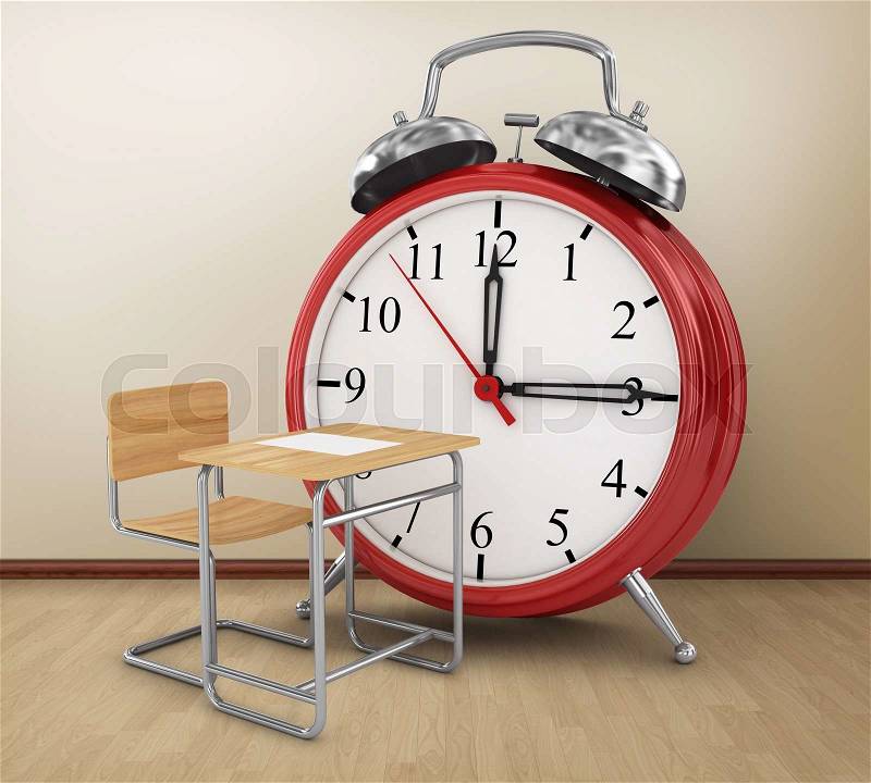 Alarm clock with school desk. School time concept, stock photo