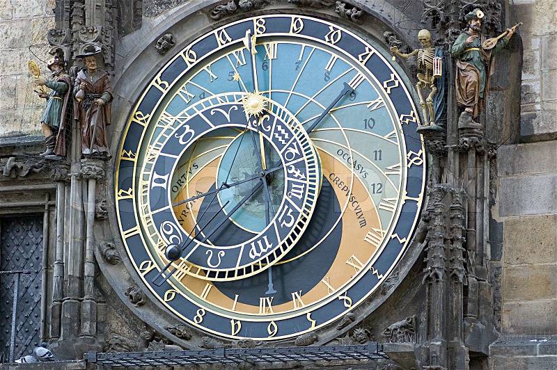 The Prague Astronomical Clock is a medieval astronomical clock located in Prague, the capital of the Czech Republic,15th century, stock photo