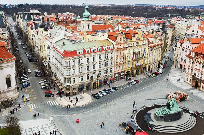 The Old Town Square in the center of Prague City. It is a complex of buildings since the 14 th century, stock photo