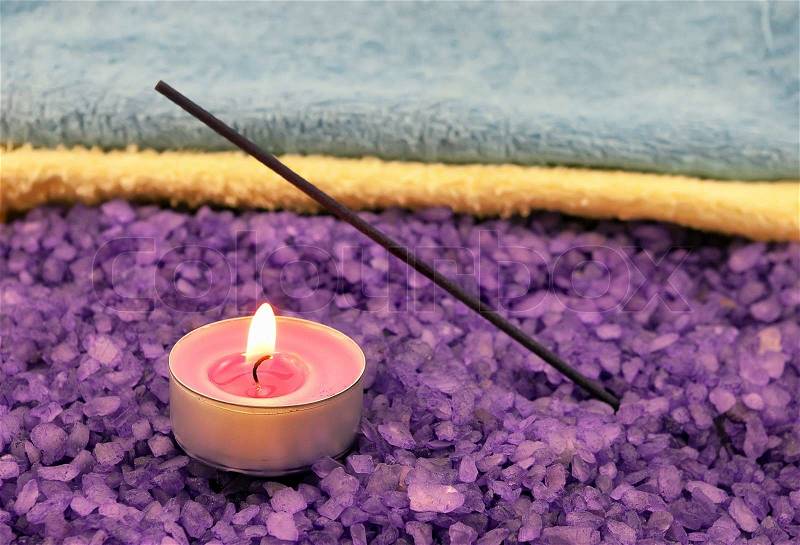 Violet salt with candle and lavender insense stick, stock photo