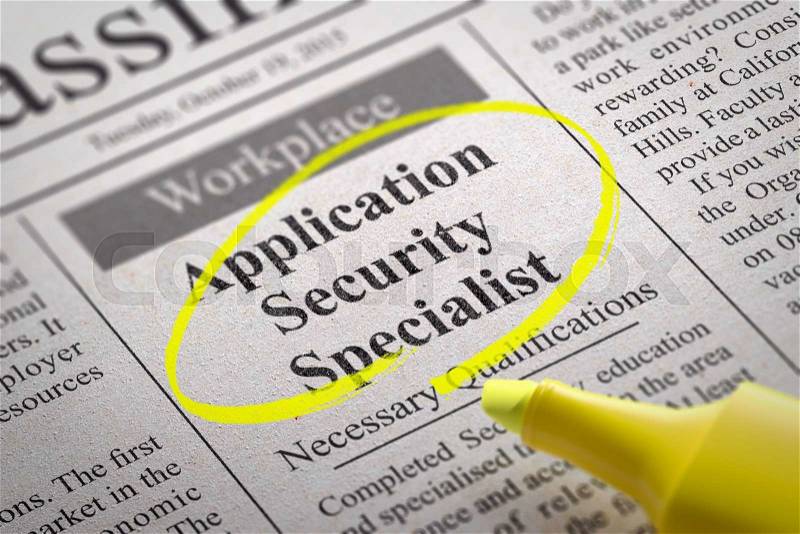 Application Security Specialist Vacancy in Newspaper. Job Search Concept, stock photo