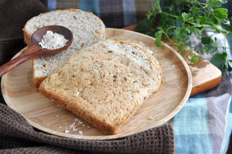 Wheat bread and oat for breakfast , stock photo
