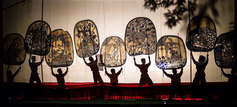 RATCHBURI, THAILAND - APRIL 14: Large Shadow Play is performed at Wat Khanon on April 14, 2015. Large Shadow Play or Nang Yai is a performing art which Wat Khanon tries to preserve as a Thai heritage, stock photo