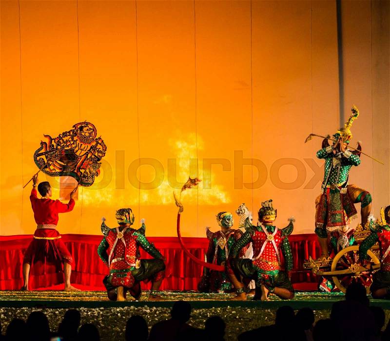 RATCHBURI, THAILAND - APRIL 14: Large Shadow Play is performed at Wat Khanon on April 14, 2015. Large Shadow Play or Nang Yai is a performing art which Wat Khanon tries to preserve as a Thai heritage, stock photo