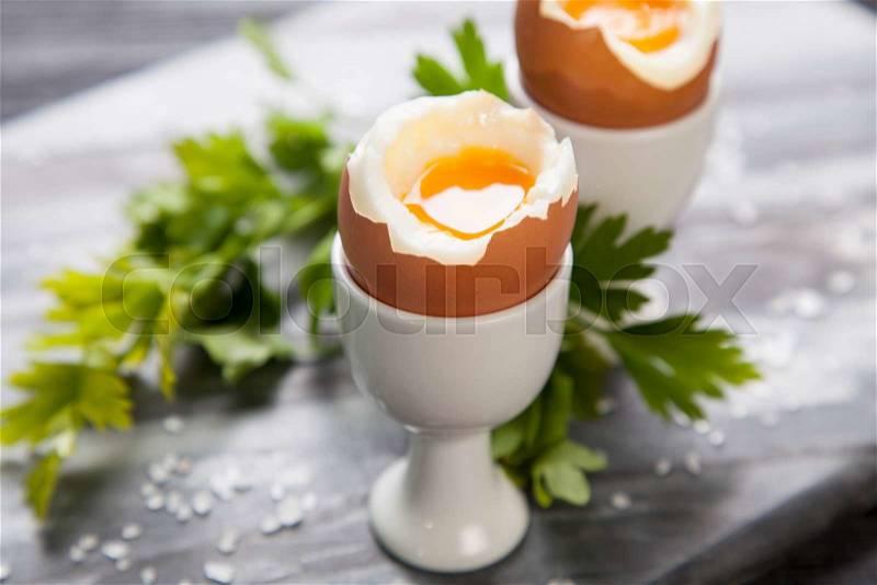 Fresh boiled eggs on marble background, stock photo
