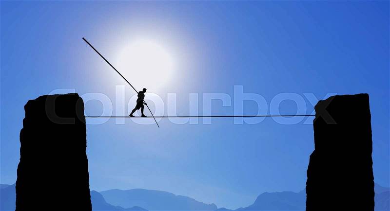 Highline walker in blue sky between two rocks concept of risk taking and challenge, stock photo