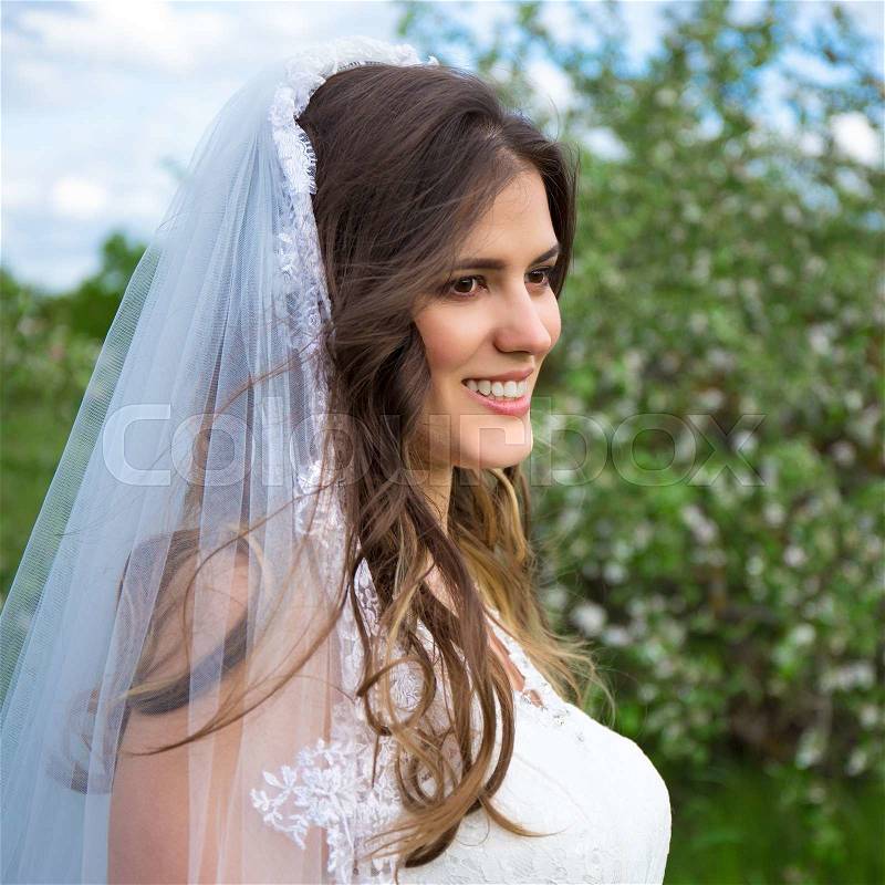 Portrait of young beautiful bride with veil walking in blooming summer garden, stock photo