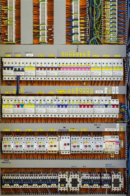 Control panel with static energy meters and circuit-breakers - fuse, stock photo