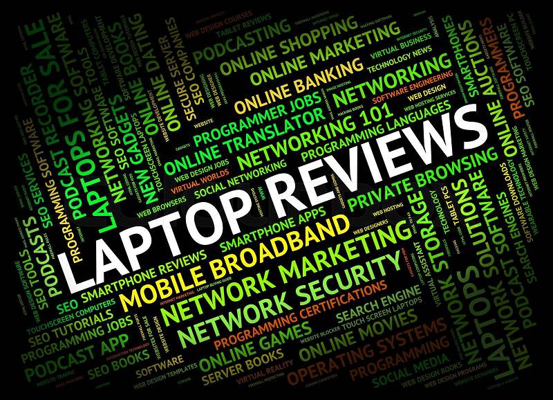 Laptop Reviews Indicating Keyboard Reviewed And Digital, stock photo