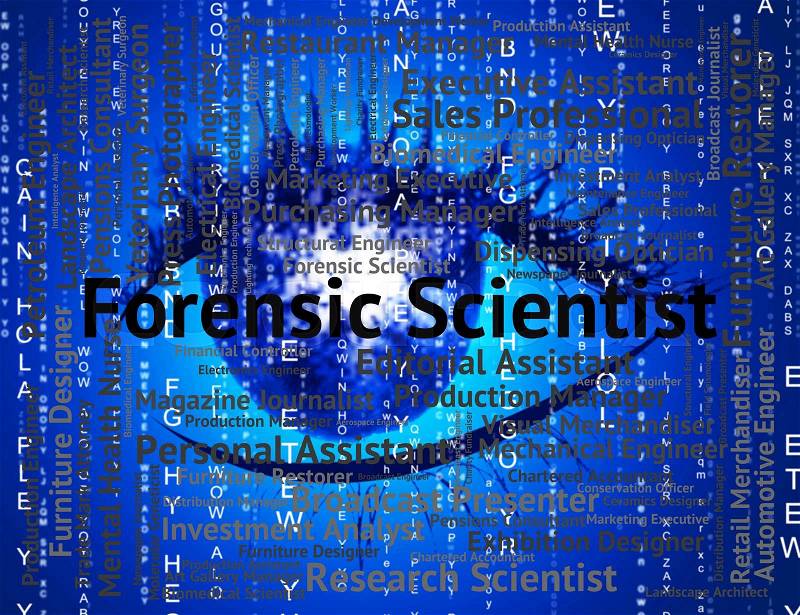 Forensic Scientist Indicating Sciences Occupation And Text, stock photo
