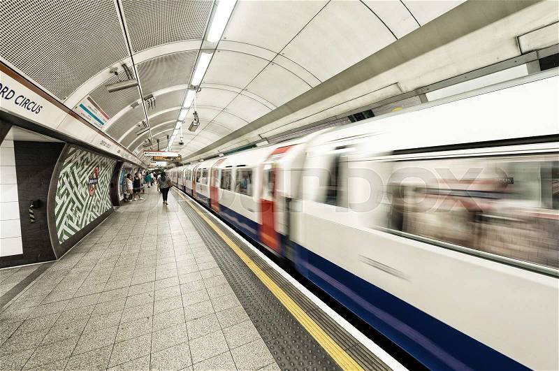 LONDON - JUNE 16: Inside view of London underground on June 16, 2015 in London, UK. London\'s system is the oldest underground railway in the world, dating back to 1863, stock photo