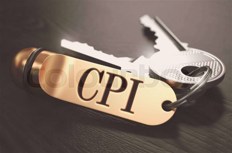 CPI - Consumer Price Index - Bunch of Keys with Text on Golden Keychain. Black Wooden Background. Closeup View with Selective Focus. 3D Illustration. Toned Image, stock photo